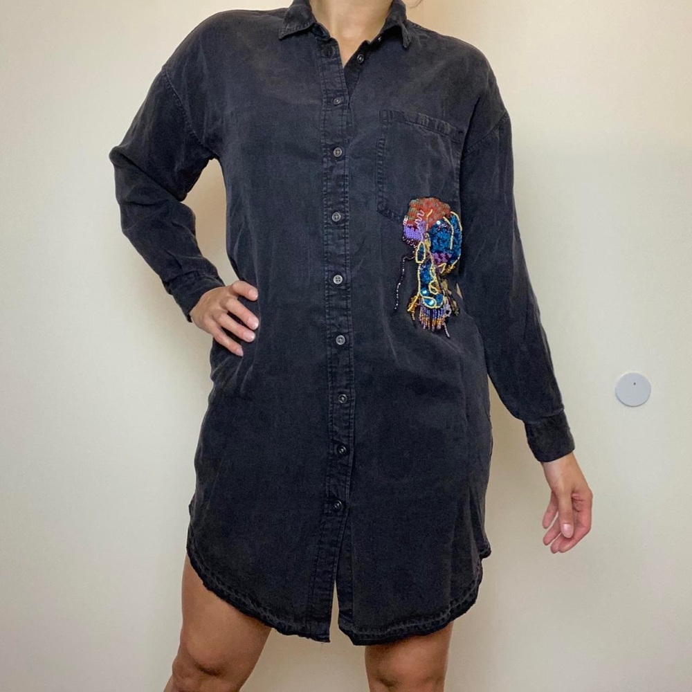 Zara Basic Denim‎ Long Sleeve Buttoned Up Shirt Dress Washed Black Embroidered S